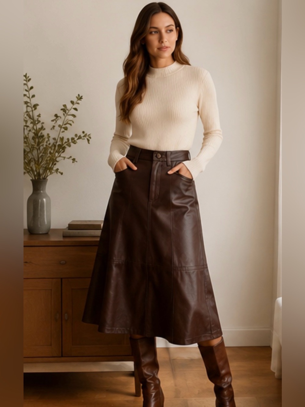 Liz Claiborne Chocolate Brown Faux Leather Midi Skirt – Size 10
